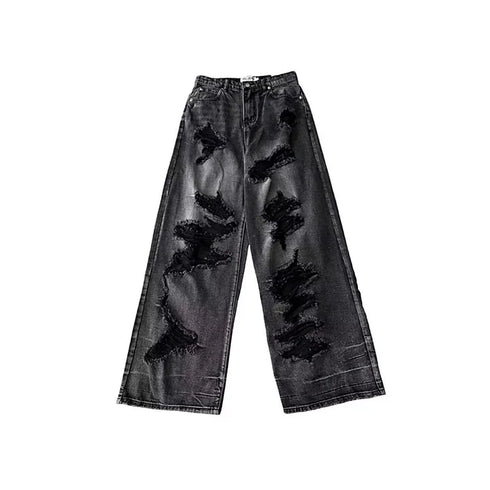 Vintage Black Ripped Wide Leg Jeans for Women
