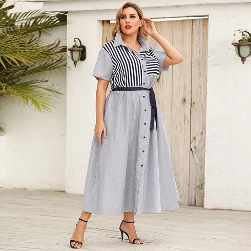 Summer Strappy Lapel Striped Short-Sleeved Dress