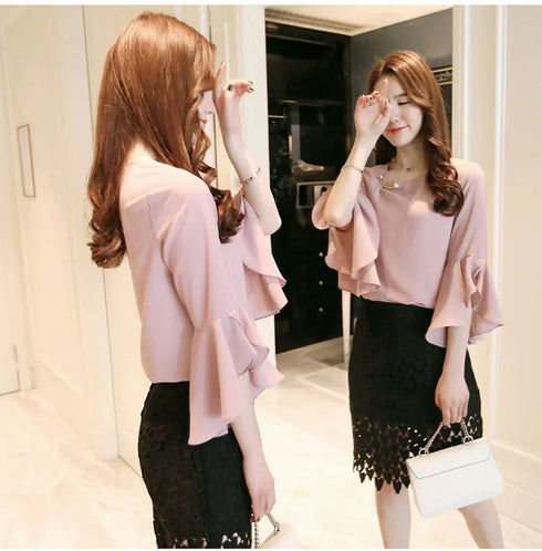Ruffled Sleeve Chiffon Blouse for Women