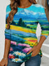 Women's blue floral watercolor print long-sleeved loose-fitting round neck top, casual, everyday, stylish and elegant.