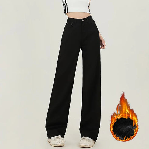 High Waist Fleece Thermal Denim Pants for Women