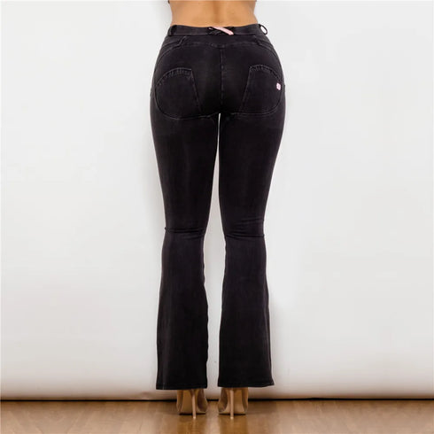 Ladies Distressed Black Flare Jeans