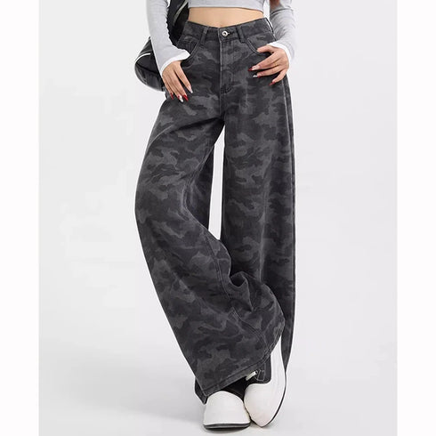 High Waist Camouflage Wide Leg Jeans for Women