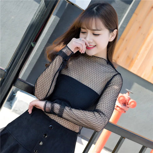 New Transparent See Through Shirt Women Sexy Harajuku Mesh Top Clubwear Lace Turtleneck Blouse Ideal for Parties and Nights Out