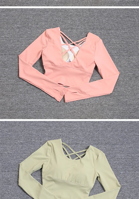 Women's hollow-out back with a built-in bra, long-sleeved yoga top, quick-drying, one-piece bra, pil training fitness suit.