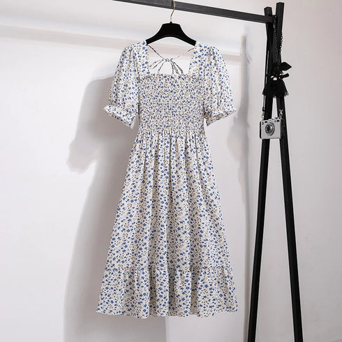 Floral A-Line Chiffon Dress with Short Sleeves