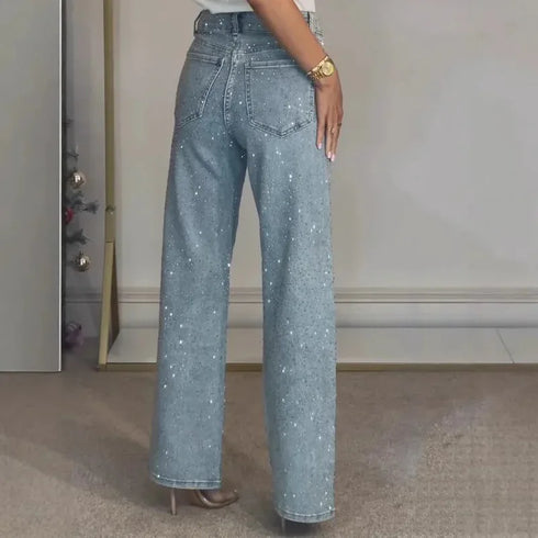 High Waist Straight Leg Denim Jeans with Diamond Detail