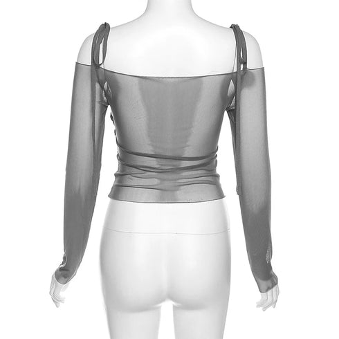 Women's Y2K Streetwear Solid Slash Neck Crop Top Sexy Off-Shoulder Long Sleeve Slim Mesh Tee Straps T-Shirt