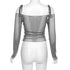 Women's Y2K Streetwear Solid Slash Neck Crop Top Sexy Off-Shoulder Long Sleeve Slim Mesh Tee Straps T-Shirt