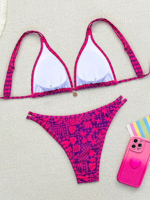 Purple Floral Print Bikini Set for Women