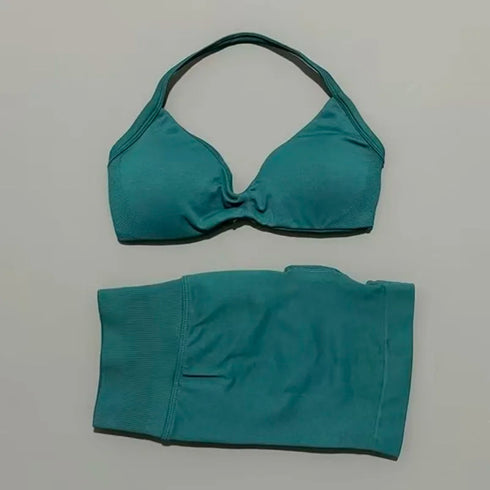 HISTELLO Women's Seamless Yoga Set with Strappy Bra and Shorts