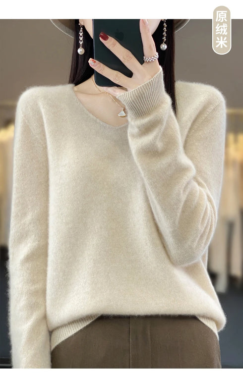 100% Merino Wool V-Neck Pullover Sweater for Women