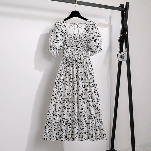 Floral A-Line Chiffon Dress with Short Sleeves