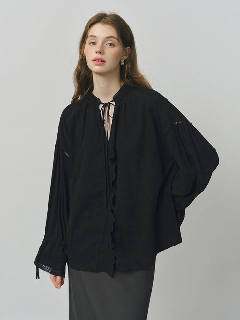 Lace-Up V-Neck Long Sleeve Casual Shirt for Women