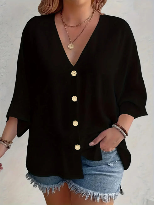 Women's Plus-size T-shirt Solid Color Breathable Spring/summer V-neck Button Travel Casual Wear with European and American Style