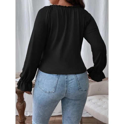 Plus Size Long Sleeve V-Neck Top in Black