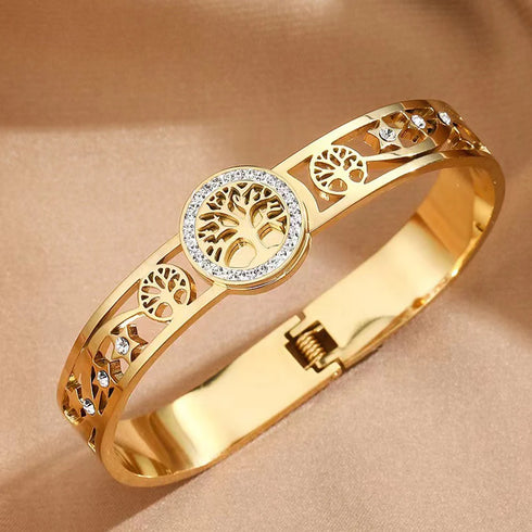 Women's Luxury Designer Bangle Stainless Steel Tree of Life Cuff Bracelet for Women