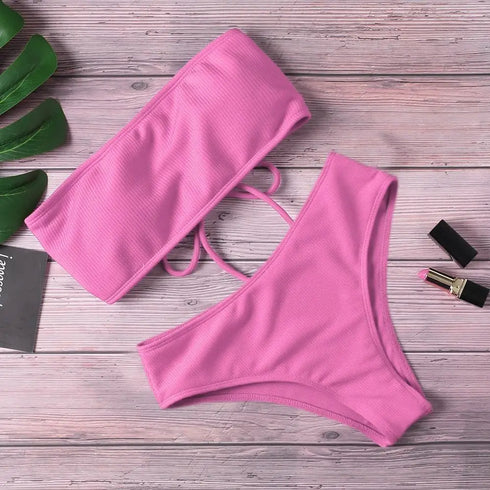 Strapless High Waist Bikini Set in Red