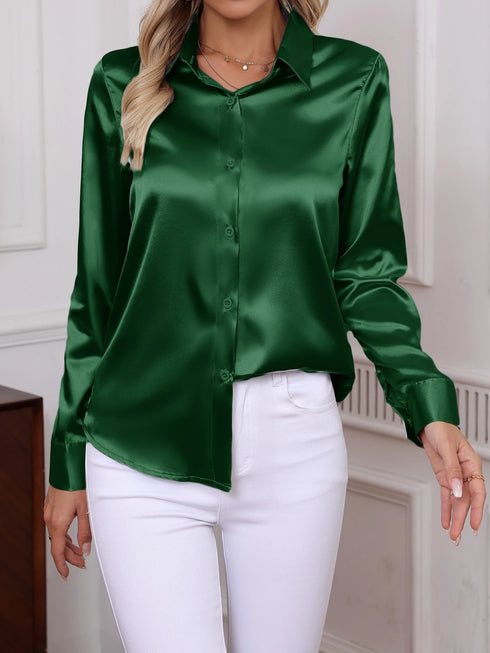 Elegant Turn-down Collar Button-front Satin Long Sleeve Women's Shirt for Daily Commute And Business Casual Wear