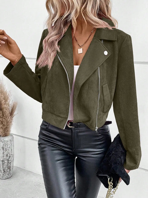 Faux Suede Biker Jacket with Zipper Detail