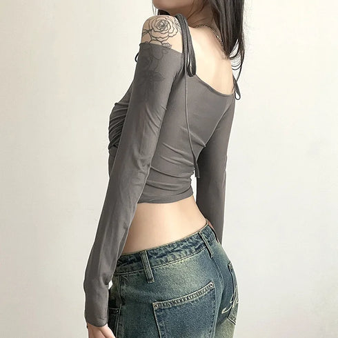 Women's Y2K Streetwear Solid Slash Neck Crop Top Sexy Off-Shoulder Long Sleeve Slim Mesh Tee Straps T-Shirt