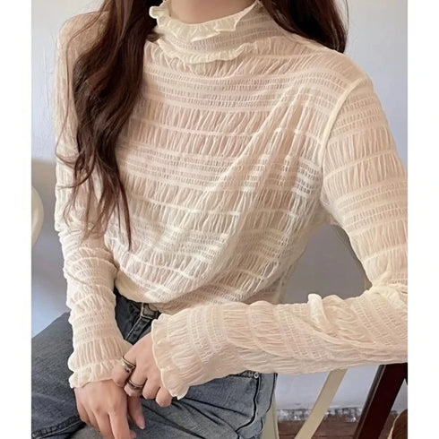 Women's Turtleneck Mesh Top with Long Sleeves