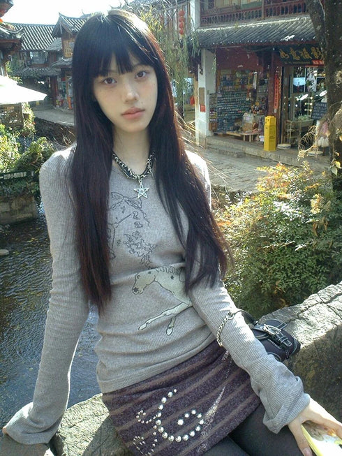 Flare Sleeve Graphic T-Shirt in Grey