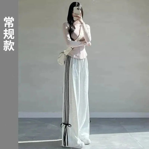 Plus Size Y2K Wide Leg Pants with Bow Tie Detail