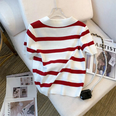 Striped Pattern Collared Short Sleeve Knit Top