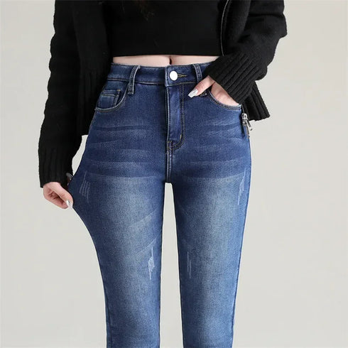 High Waist Thermal Jeans for Women - Warm Plush Denim