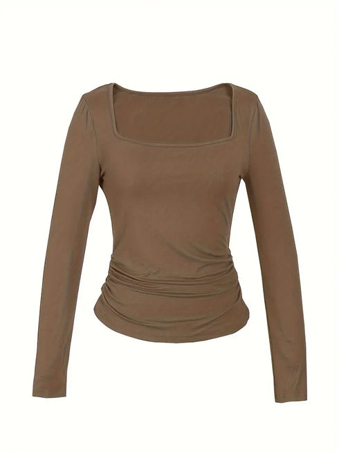 Hot Basic Square Neck Slim Women's Bottoming Clothing Casual Solid Long Sleeve Tops Versatile Fashion Multi-Color Blouse Gifts