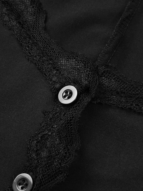 New Women´s Crop Tops, Long Sleeve Solid Color Jagged V Neck Lace Hem Button Down Slim Fit Shirt