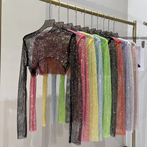 Hollow Out Rhinestone Long Sleeve Crop Top