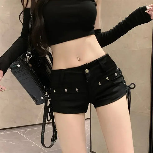 Low Rise Denim Shorts with Lace-Up Detail