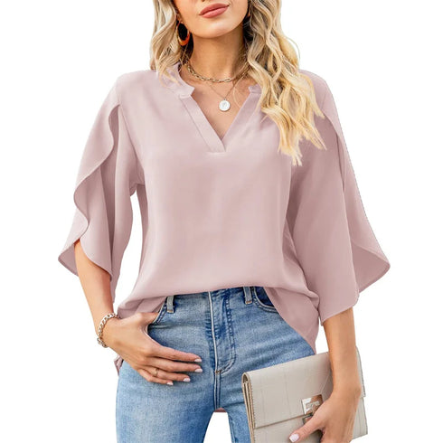 Women's Chiffon V-Neck Blouse with Petal Sleeves
