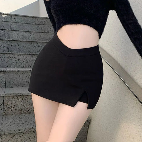 Black High Waist Split Mini Skirt for Women