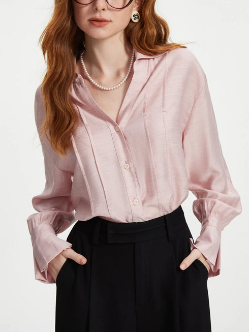 Women's Long Sleeve V-Neck Striped Blouse in Pink