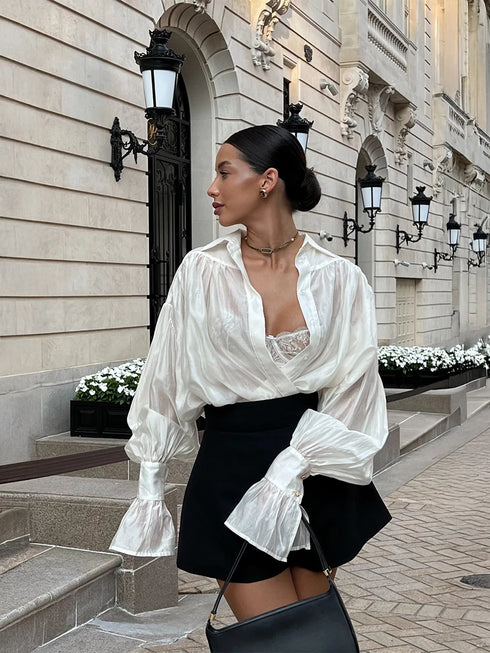 New Casual Loose See-Through White Shirts Women Autumn Lapel Long Sleeve Versatile Blouse Female Streetwear Pink Shirts Tops