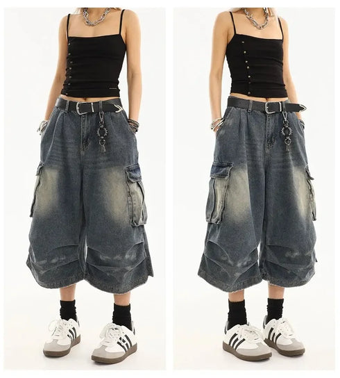 High Waist Vintage Blue Denim Cargo Pants