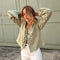 Green Linen Lace Up Long Sleeve V Neck Shirt for Women