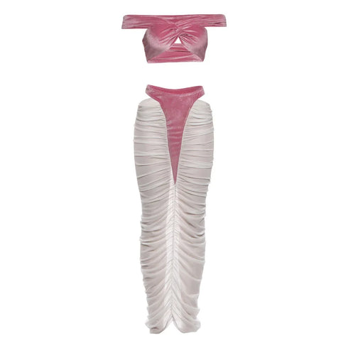 Velvet Cross Kink Tank Top & Ruched Long Skirt Set