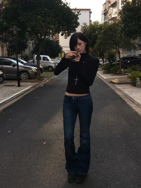 Y2K Japanese Long Sleeve Black Turtleneck Top for Women