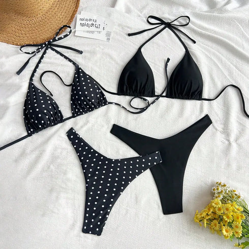 Four Piece Black and White Dotted Bikini Set
