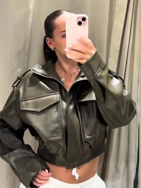 Chic Faux Leather Jacket for Women - Casual Long Sleeve