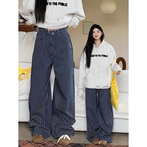 ZHIZOU Women's Blue Striped Baggy Wide Leg Jeans