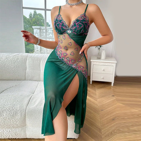 Women’s Sexy V-Neck Nightgown with Heart Embroidery
