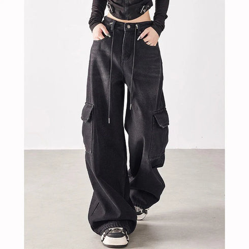 Girls Retro Streetwear Wide Leg Black Jeans