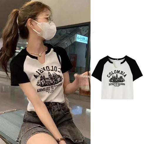 Casual O-Neck Short Sleeve Letter Print Crop Top