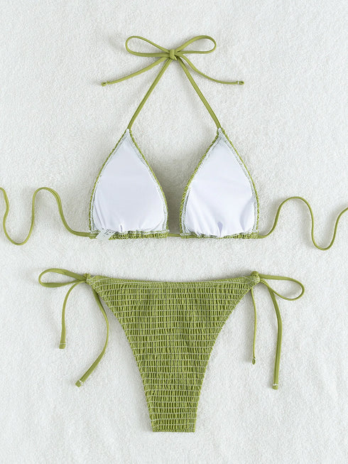 Elegant Green Hanging Neck Bikini Swimsuit