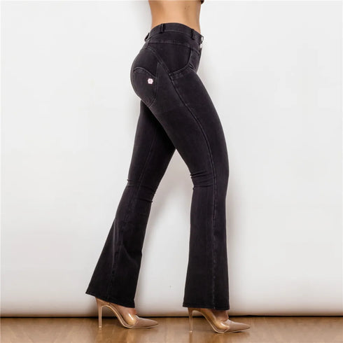 Ladies Distressed Black Flare Jeans